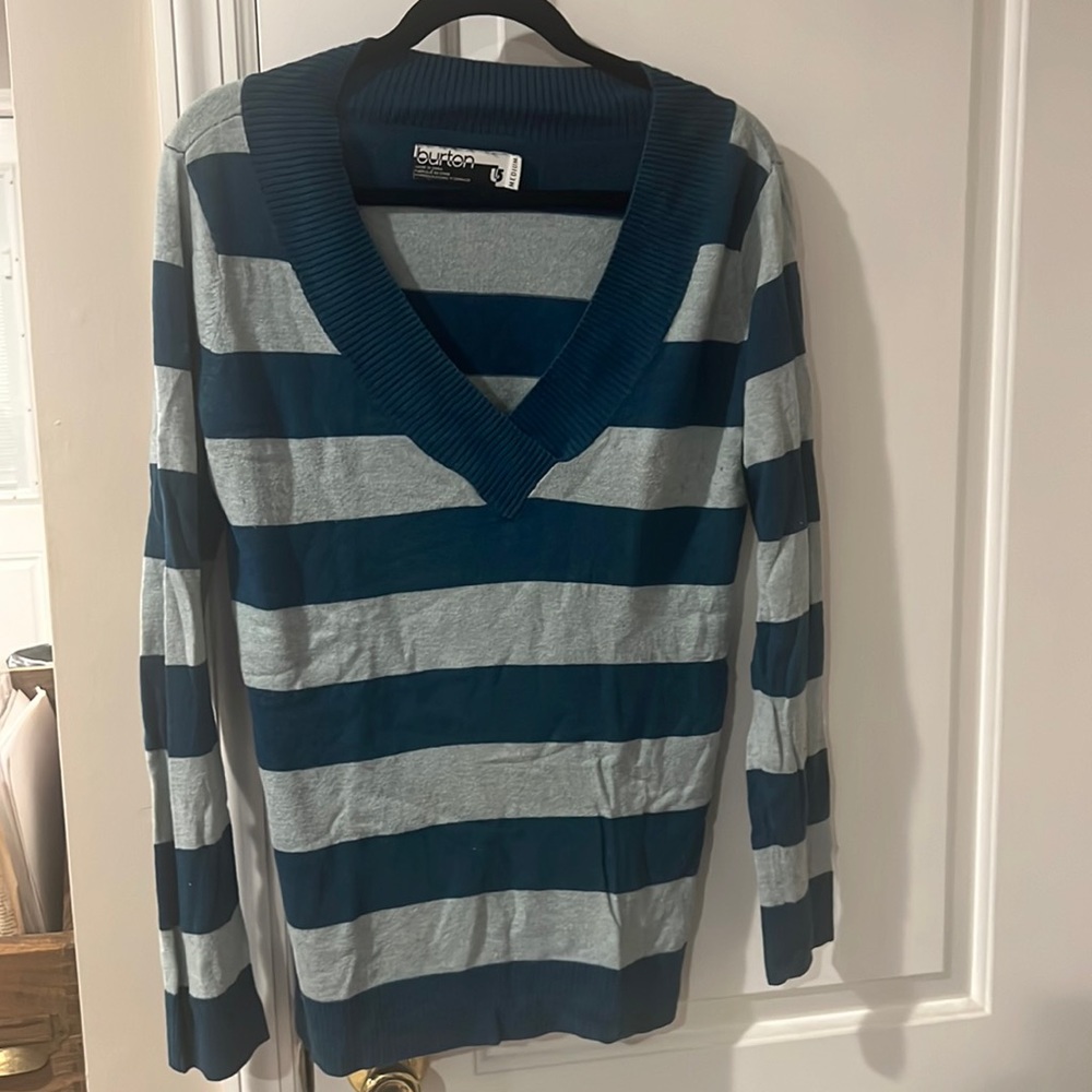 Burton Women's Blue White Striped V-Neck Long Sleeve Pullover Sweater Size M